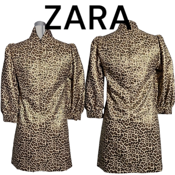 NEW ZARA Luxury  Leopard with Gold Metallic and Brown Dress Size XSl - Picture 3 of 17